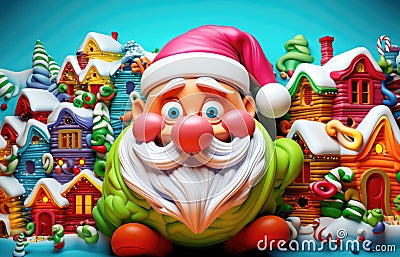 Funny Santa Gnome's Winter Wonderland. Christmas scene from plasticine Stock Photo