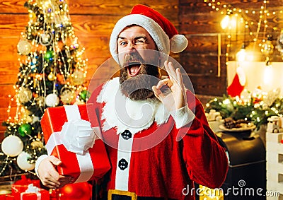 Funny Santa. ipster man, bearded Santa celebrate Thanksgiving day and Christmas. Stock Photo