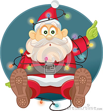 Funny Santa Tangled in Christmas Lights Vector Vector Illustration