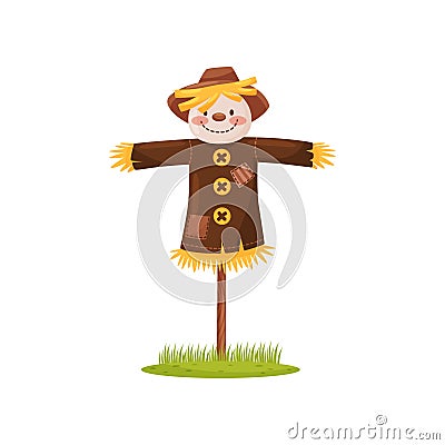 Funny scarecrow of straw with smiling face, dressed in brown shirt and hat. Human figure. Cartoon vector design Vector Illustration