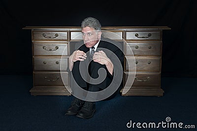 Funny Scared Fear Businessman Hide Under Office Desk Stock Photo