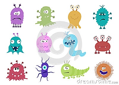 Funny and scary bacteria cartoon characters isolated on white ba Vector Illustration