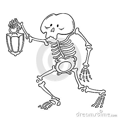 Funny scary skeleton with lantern. Halloween vector illustration. Cartoon character. Vector Illustration