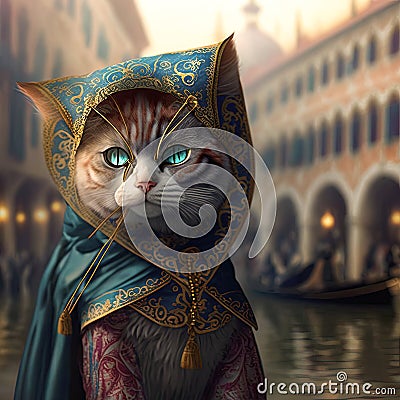 Funny scene of cute cat wearing traditional costume and mask at the carnival of Venice. Ai generated art Stock Photo