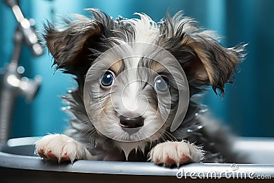 Funny schnauzer puppy bath time with shampoo and bubbles - ideal for pet shop or grooming salon Stock Photo