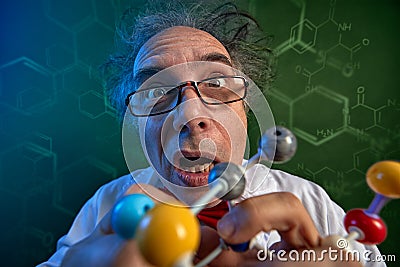 Funny scientist with model molecules Stock Photo