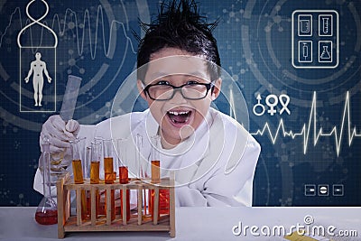 Funny scientist doing research in laboratory Stock Photo