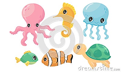 Funny Sea Animal Characters Vector Set. Underwater Life Concept Vector Illustration