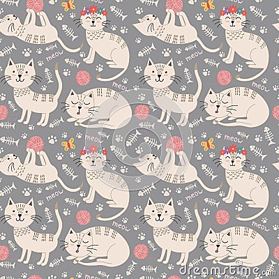 Funny seamless pattern with cute cats Vector Illustration