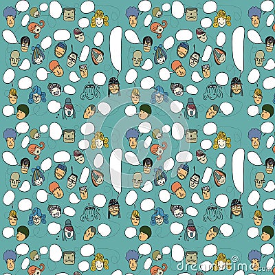 Funny seamless pattern with cute faces and speech bubbles Vector Illustration