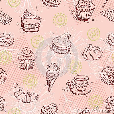 Funny seamless pattern with ice cream coffee cake croissant. Vector Vector Illustration