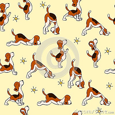 Funny seamless pattern with isolated cartoon dog doing yoga position of Surya Namaskara Vector Illustration