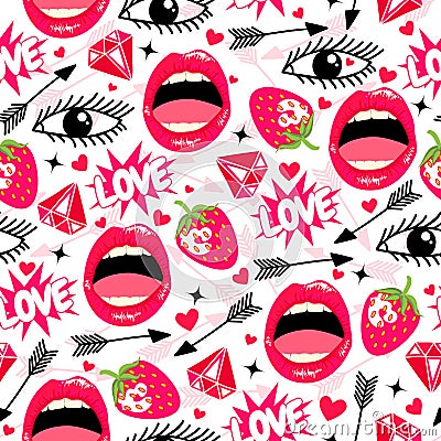 Funny seamless pattern with lips, eyes, love, diamond, hearts, strawbery and arrows. Stock Photo