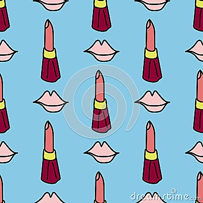 Funny seamless pattern with painted outlines of lips and lipstick. Vector Illustration