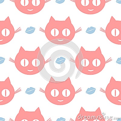Funny seamless pattern. Repeated smiling cat`s heads and human lips. Vector Illustration