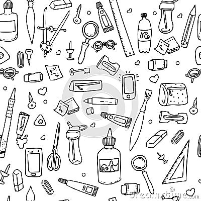 Funny seamless pattern with school supplies and creative elements. Back to school background. in black and white style Vector Illustration