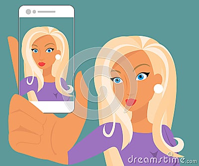 Funny selfie of blonde sensual woman wearing duck- Vector Illustration