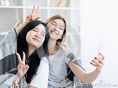 funny selfie happy women home party ethnic Stock Photo