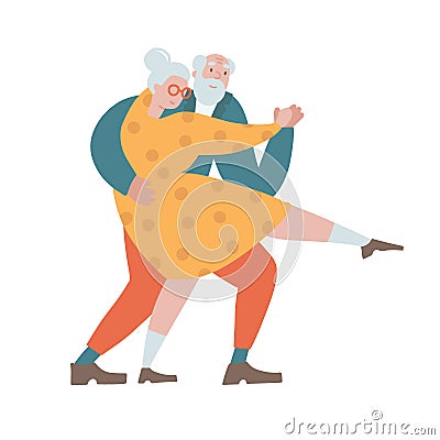 Funny senior couple people dancing tango together. Old man and woman dancing retro popular romantic dance, romance of Vector Illustration