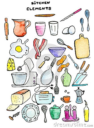 Funny set of kitchen elements drawn by hand in doodle style. Bright set of illustrations for home cooking template, cooking book Cartoon Illustration