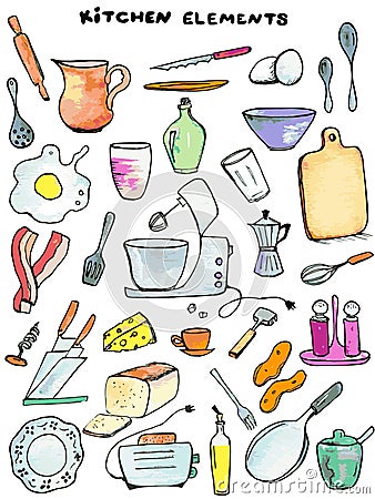 Funny set of kitchen elements drawn by hand and made as vector in doodle style. Bright set of vector illustrations for home cookin Vector Illustration