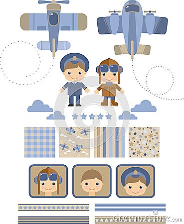 Funny set for scrapbook with the boys pilots Vector Illustration