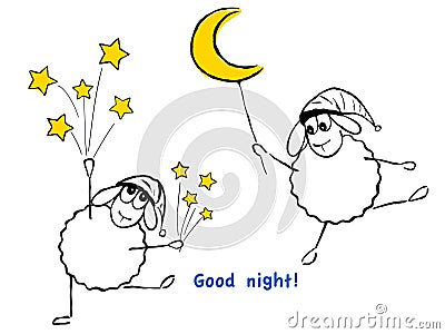 Funny sheep, stars and moon, Good night! Vector Illustration