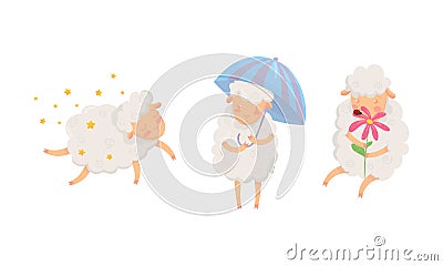 Funny Sheep with White Wool Sleeping and Smelling Flower Vector Set Vector Illustration
