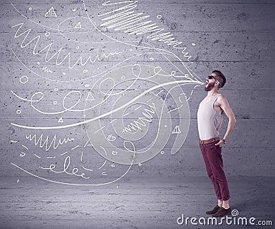 Funny shouting hipster with drawn lines Cartoon Illustration