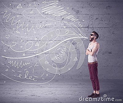 Funny shouting hipster with drawn lines Cartoon Illustration