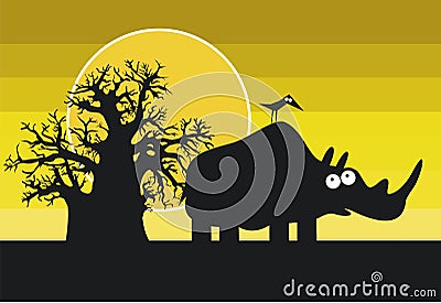 Funny silhouettes of african rhinoceros and bird Vector Illustration
