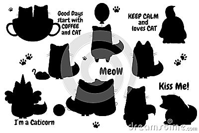 Funny silhouettes cartoon cats doodle. Character cat. Lettering cat. Unicorn cat Vector Illustration