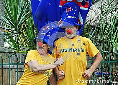 Funny silly patriotic Australian senior couple celebrating Australia Day Stock Photo