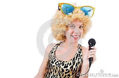 Funny singer woman with mic Stock Photo