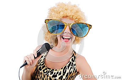 Funny singer woman with mic Stock Photo