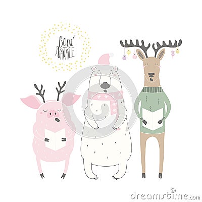 Funny singing polar bear, pig, reindeer Christmas card Vector Illustration