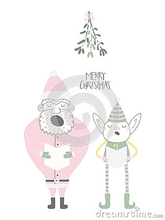 Funny singing Santa and elf Christmas card Vector Illustration