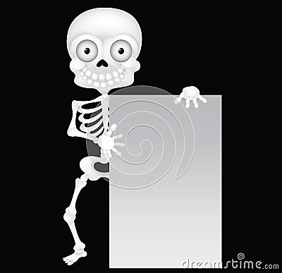 Funny skeleton cartoon with blank sign Vector Illustration