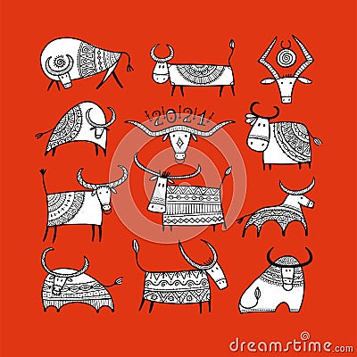 Funny sketch bull collection. Lunar horoscope sign. Happy new year 2021. Bull, ox, cow. Template for your design - Vector Illustration