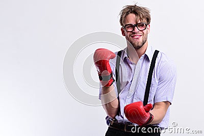 Funny skinny boxer man in glasses isolated over white background, Stock Photo