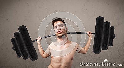 Funny skinny guy lifting weights Stock Photo