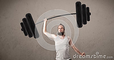 Funny skinny guy lifting weights Stock Photo