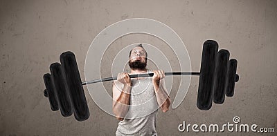 Funny skinny guy lifting weights Stock Photo