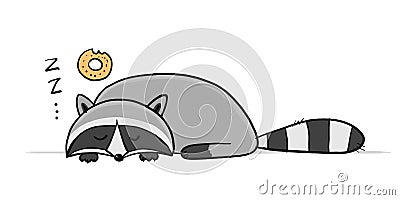 Funny sleeping Racoon character. Isolated on white. Vector Illustration