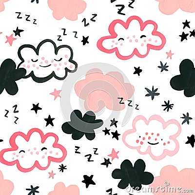 Nursery art seamless pattern. Hand painted cute sky characters illustration Cartoon Illustration