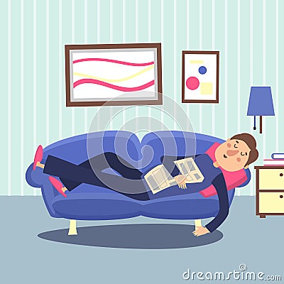 Funny sleeping man at home sofa with newspaper. Relaxing person vector illustration Vector Illustration