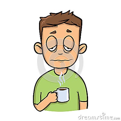 Funny sleepy guy with a cup of morning coffee. Cartoon design icon. Flat vector illustration. Isolated on white Vector Illustration