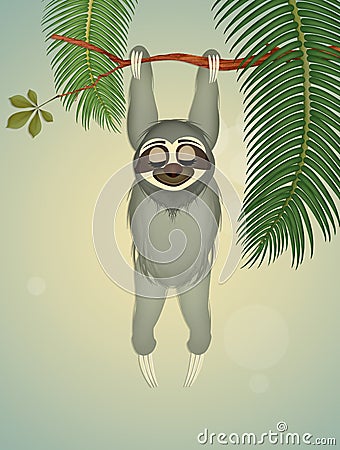 Funny sloth hanging on branch Cartoon Illustration