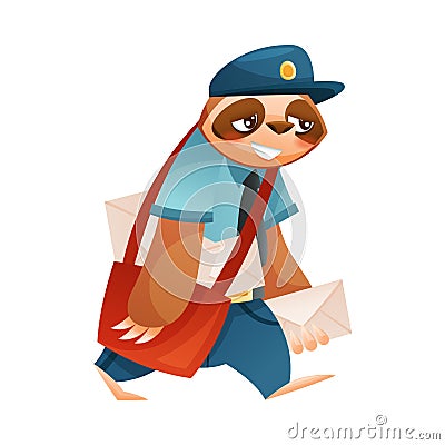 Funny Sloth Mammal as Postman Wearing Professional Uniform Carrying Letters Vector Illustration Vector Illustration