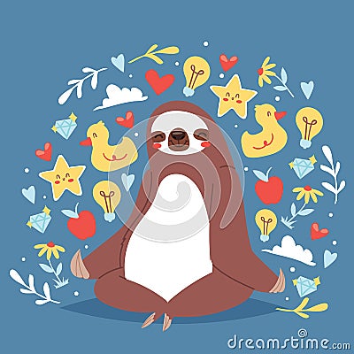 Funny sloth sitting in yoga lotus pose and relaxing vector illustration. Cartoon animal background with icons of duck. Vector Illustration